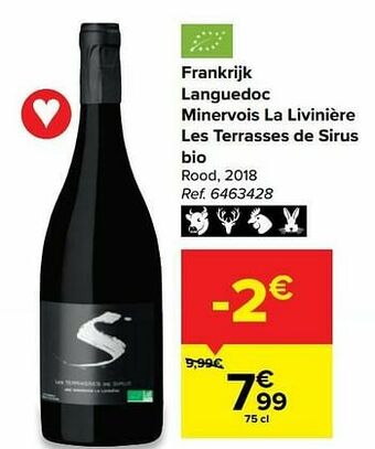 Carrefour Frankrijk languedoc minervois la livinière les terrasses de sirus bio rood aanbieding