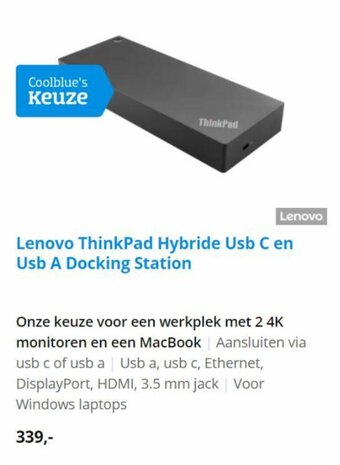 Coolblue Lenovo ThinkPad Hybride Usb C en Usb A Docking Station aanbieding