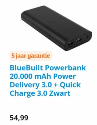 Coolblue BlueBuilt Powerbank 20.000 mAh Power Delivery 3.0 + Quick Charge 3.0 Zwart aanbieding