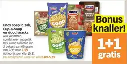Albert Heijn Unox soep in zak, Cup-a-Soup en Good snacks aanbieding
