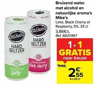 Carrefour Bruisend water met alcohol en natuurlijke aroma’s mike’s aanbieding