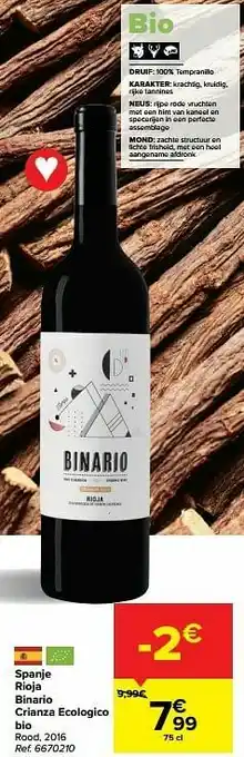Carrefour Spanje rioja binario crianza ecologico bio rood aanbieding