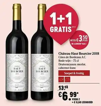 Delhaize Château haut bourcier 2018 côtes de bordeaux a.c. rode wijn aanbieding