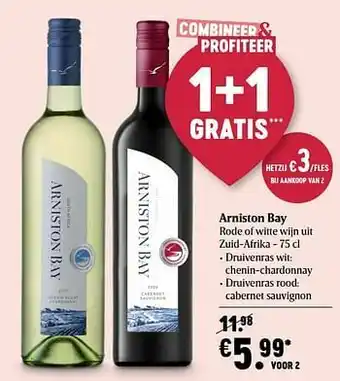 Delhaize Arniston bay rode of witte wijn uit zuid-afrika aanbieding