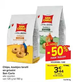 Carrefour Chips, koekjes taralli en grissini San Carlo aanbieding