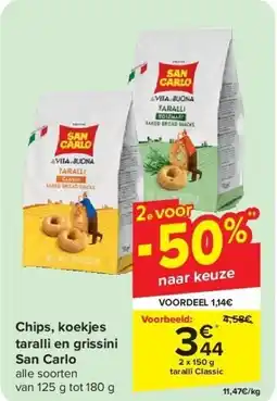 Carrefour Chips, koekjes taralli en grissini San Carlo aanbieding