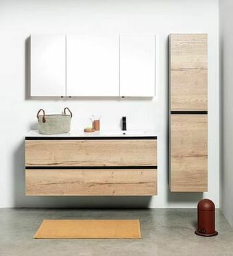 Zelfbouwmarkt Badmeubel Dotan Zwart/eik 1400 Mm Wastafel Glans Rechts aanbieding