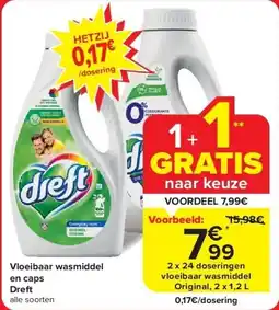 Carrefour Vloeibaar wasmiddel en caps Dreft aanbieding