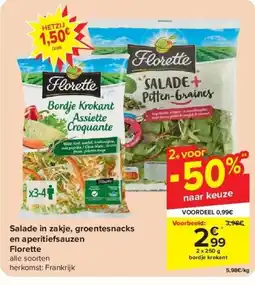Carrefour Salade in zakje, groentesnacks en aperitiefsauzen Florette aanbieding
