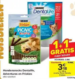 Carrefour Hondensnacks Dentalife, Adventuros en Friskies aanbieding