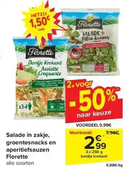 Carrefour Salade in zakje, groentesnacks en aperitiefsauzen Florette aanbieding
