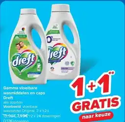 Carrefour Gamma vloeibare wasmiddelen en caps Dreft aanbieding