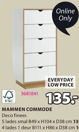 Jysk MAMMEN COMMODE 5 lades smal B49 x H104 x D38 cm aanbieding