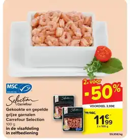 Carrefour Market Gekookte en gepelde grijze garnalen Selection 100 g in de visafdeling in zelfbediening aanbieding