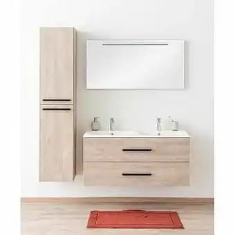 Zelfbouwmarkt Badkamermeubel Plato Eik Betonlook 120cm - Dubbel - Mat - Greep Mat Zwart aanbieding