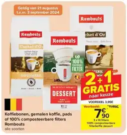 Carrefour Ko ebonen, gemalen ko e, pads of 100% composteerbare fi lters Rombouts aanbieding