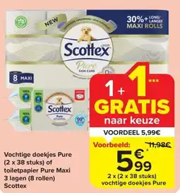 Carrefour Market Vochtige doekjes Pure of toiletpapier Pure Maxi 3 lagen, Scottex aanbieding