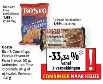 Bosto rice + corn chips paprika flavour of pizza flavour tartinettes met pure chocolade of rijstwafels provence