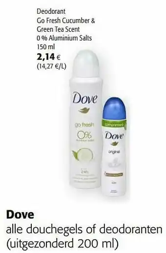 Colruyt Dove deodorant go fresh cucumber + green tea scent 0 % aluminium salts aanbieding