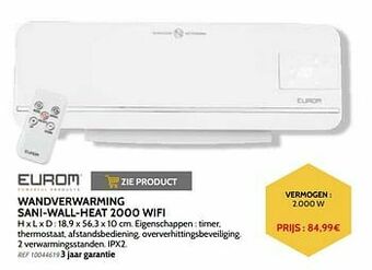 Brico Eurom wandverwarming sani-wall-heat 2000 wifi aanbieding