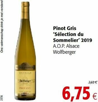 Pinot gris sélection du sommelier 2019 a.o.p. alsace wolfberger