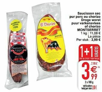 Cora Saucisson sec pur porc ou chorizo droge worst puur varkensvlees of chorizo montserret aanbieding