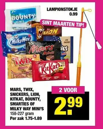 Big Bazar Mars, twix, snickers, lion, kitkat, bounty, smarties of milky way mini’s aanbieding