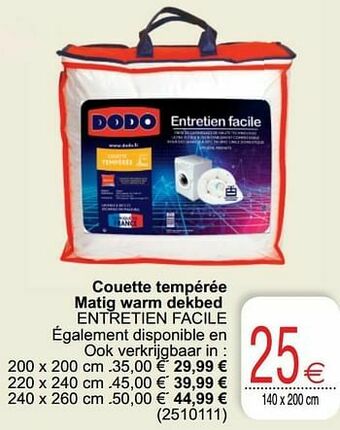 Cora Couette tempérée matig warm dekbed entretien facile aanbieding