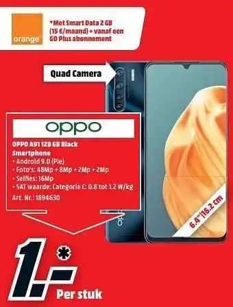 MediaMarkt Oppo a91 128 gb black smartphone aanbieding