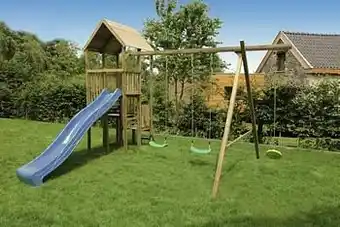 Dreamland BnB Wood schommel Perk met blauwe glijbaan aanbieding