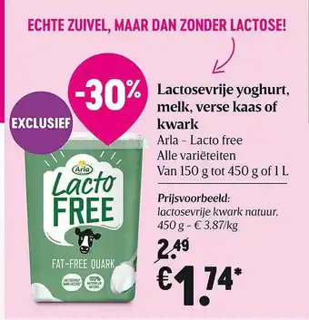 Delhaize Lactosevrije Yoghurt, Melk, Verse Kaas Of Kwark Arla Lacto Free aanbieding