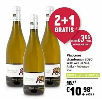 Vinoceros chardonnay 2020 witte wijn uit zuid afrika - robertson
