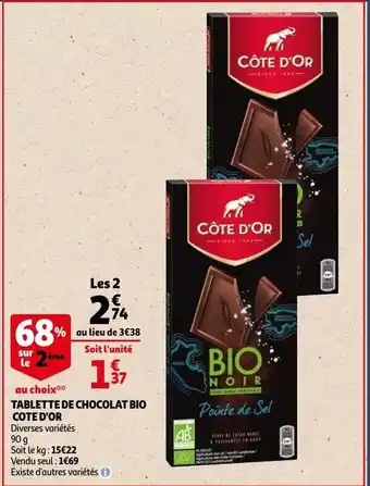 Auchan Tablette De Chocolat Bio Cote D'Or 90g aanbieding