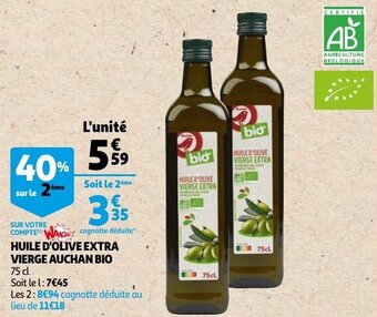 Auchan Huile D'Olive Extra Vierge Auchan Bio 75cl aanbieding