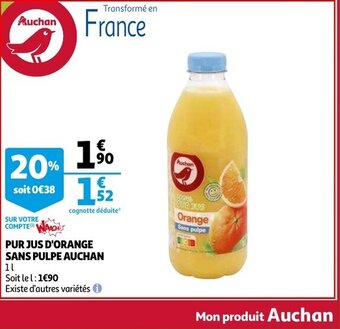 Auchan Pur Jus D'Orange Sans Pulpe 1L aanbieding