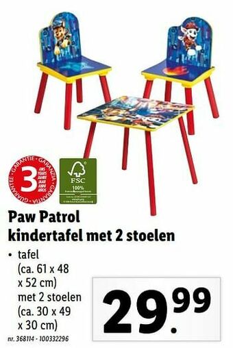 Lidl Paw patrol kindertafel met 2 stoelen aanbieding