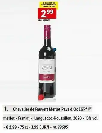 Lidl Chevalier de fauvert merlot pays d’oc igp aanbieding
