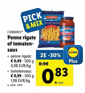 Lidl Combino Penne rigate of tomatensaus 500g aanbieding