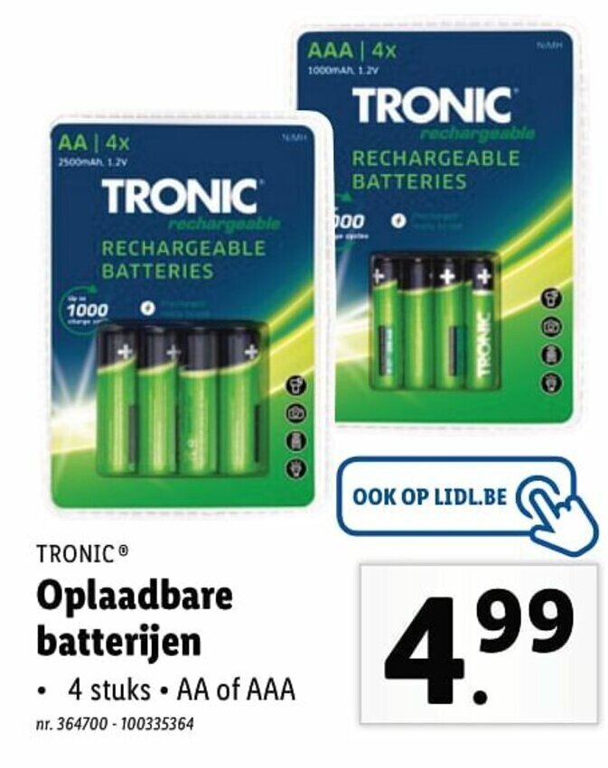 Tronic Oplaadbare batterijen 4*AA/AAA promotie bij Lidl