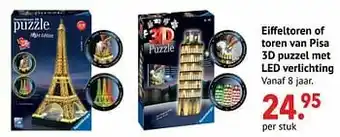 Freetime Eiffeltoren of toren van pisa 3d puzzel met led verlichting aanbieding