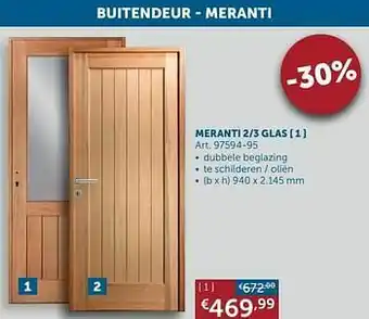 Zelfbouwmarkt Buitendeur meranti MERANTI 2/3 GLAS aanbieding