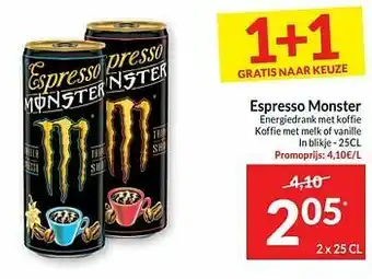 Intermarché Espresso monster energiedrank met koffie koffie met melk of vanille aanbieding