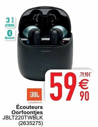 Cora Jbl écouteurs oorfoontjes jblt220twblk aanbieding