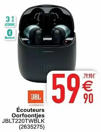 Cora Jbl écouteurs oorfoontjes jblt220twblk aanbieding