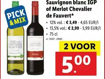 Lidl Sauvignon Blanc IGP of Merlot Chevalier de Fauvert 2*750ml aanbieding