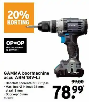 Gamma boormachine accu abm 18v-li