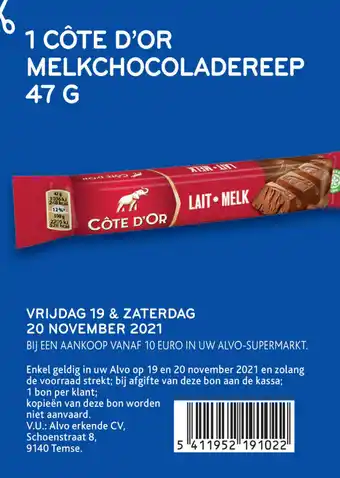 Alvo 1 Cote D'Or Melkchocoladereep 47g aanbieding