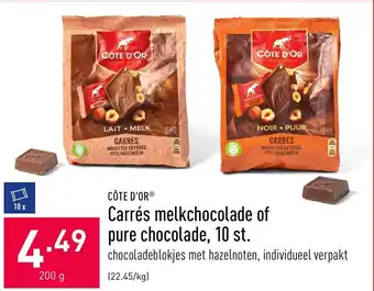 ALDI Carres melkchocolade of pure chocolade, 10 st. 200g aanbieding