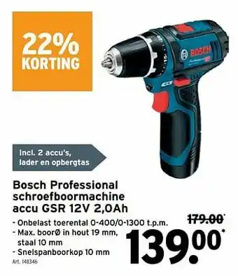 GAMMA Bosch professional schroefboormachine accu gsr 12v 2,0ah aanbieding