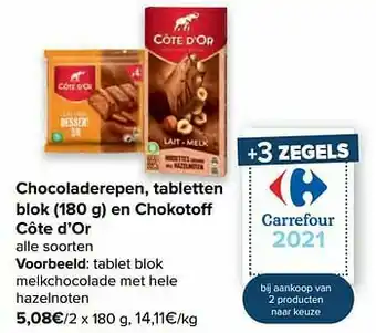 Carrefour Tablet blok melkchocolade met hele hazelnoten aanbieding